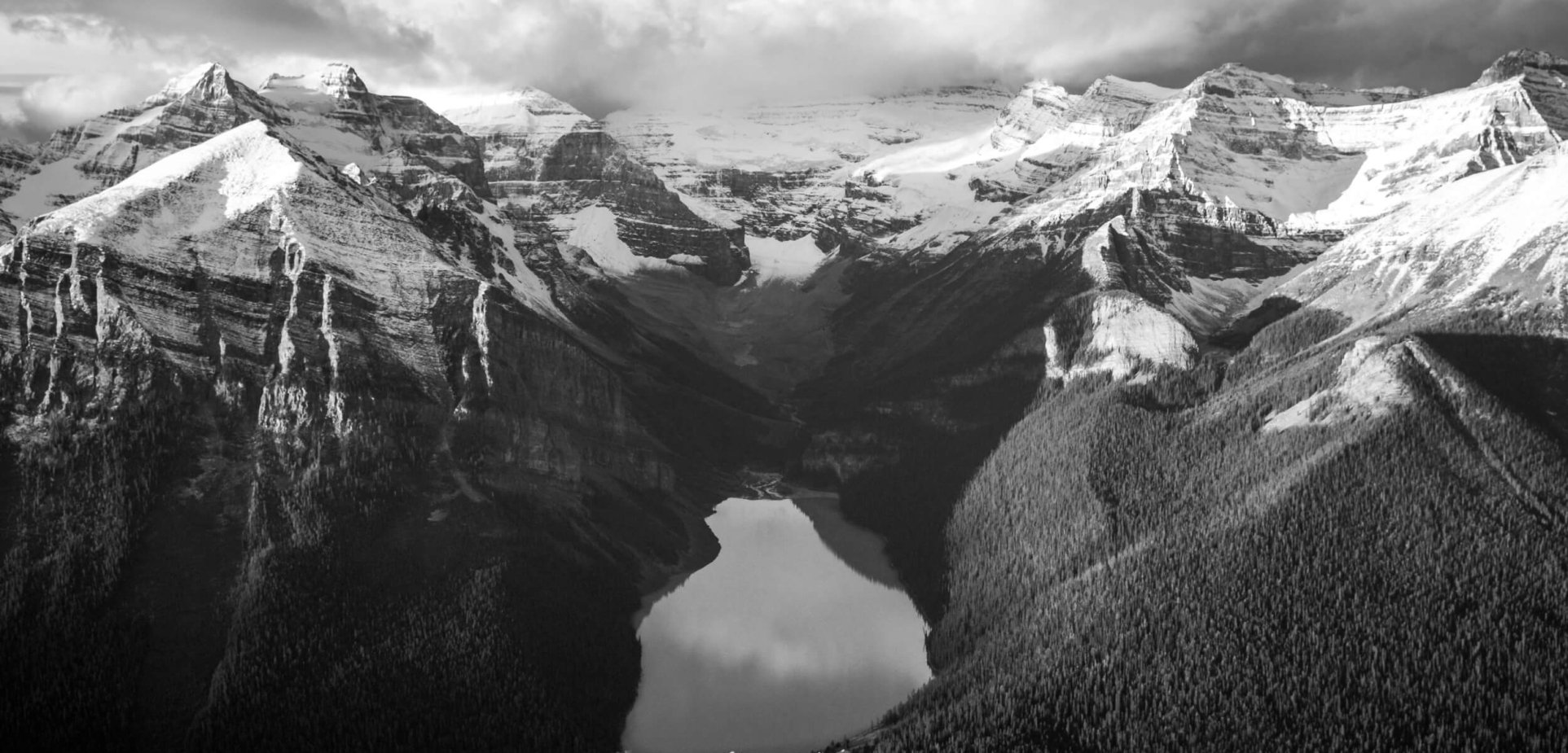 Black and white aerial view of Lake Louise, Canada