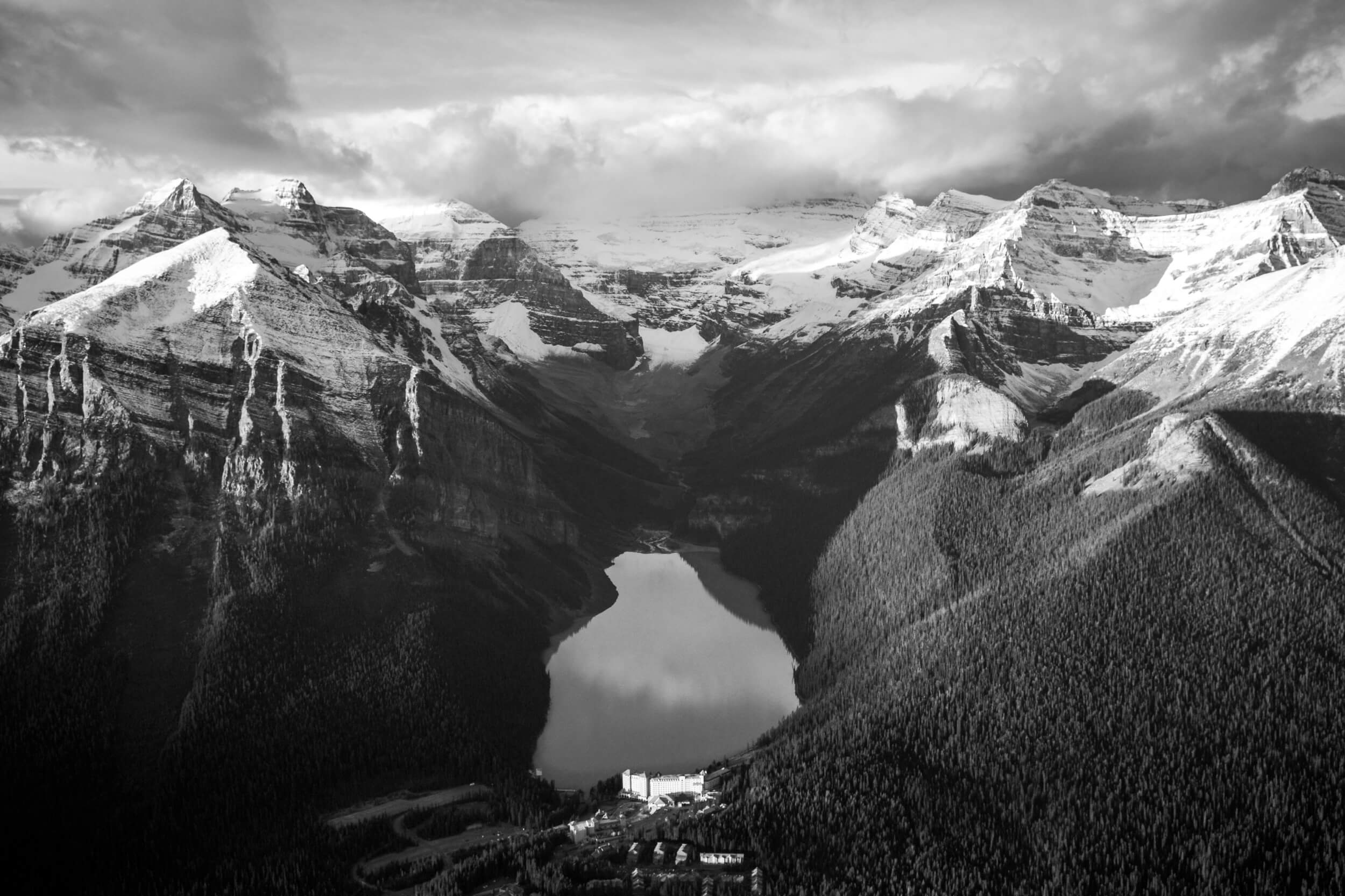 Black and white aerial view of Lake Louise, Canada